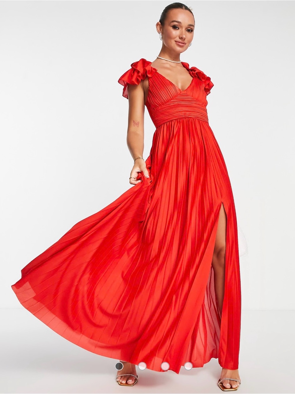 ASOS Red Ruffle-Sleeve V-Neck Pleated Maxi Dress with High Slit